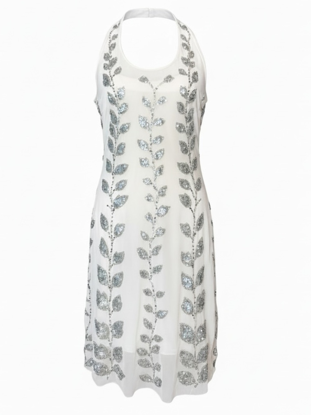 NWT Yes London White Silver Sequin Halter Sheath Dress L $795